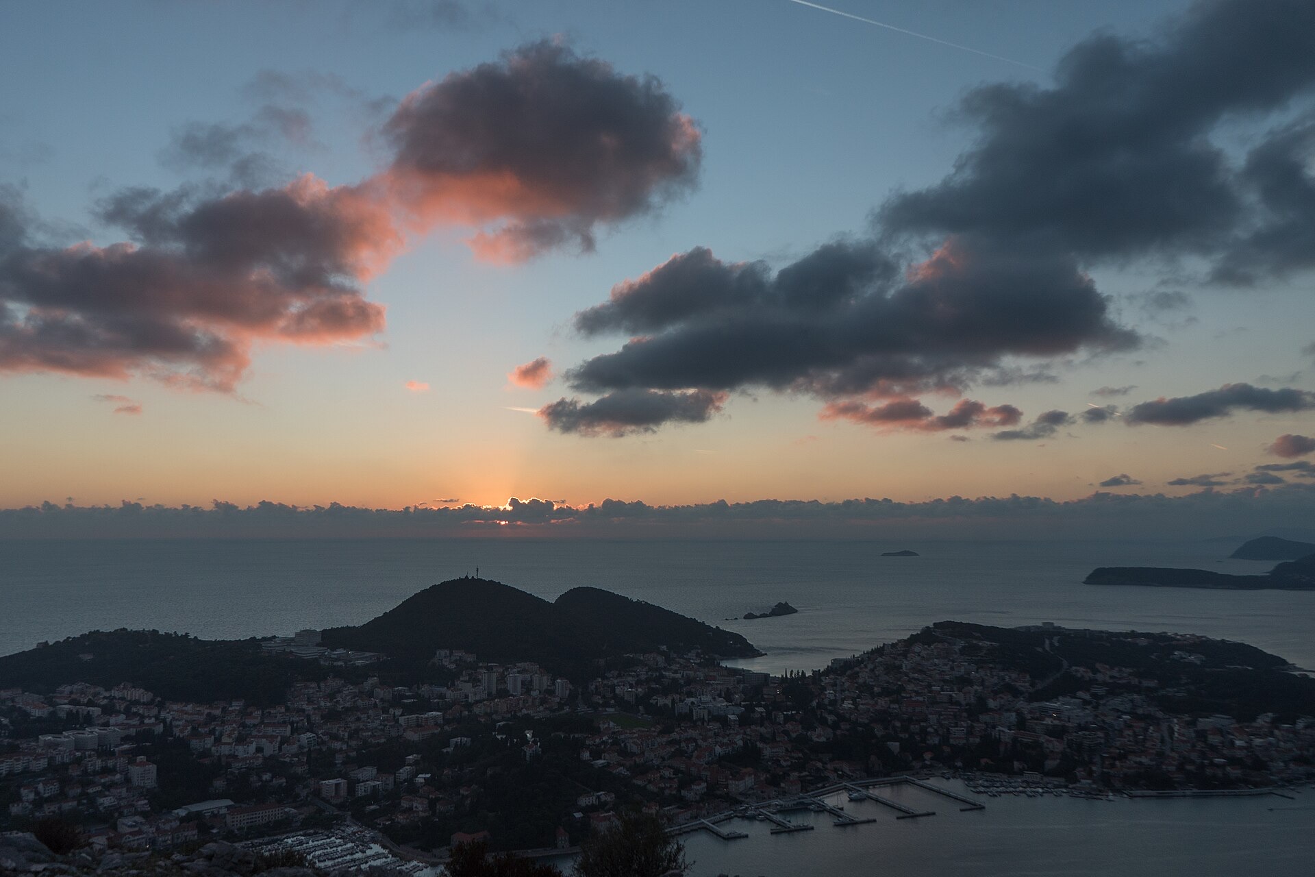 Golden Adriatic sunset behind the island of Lokrum off Dubrovnik