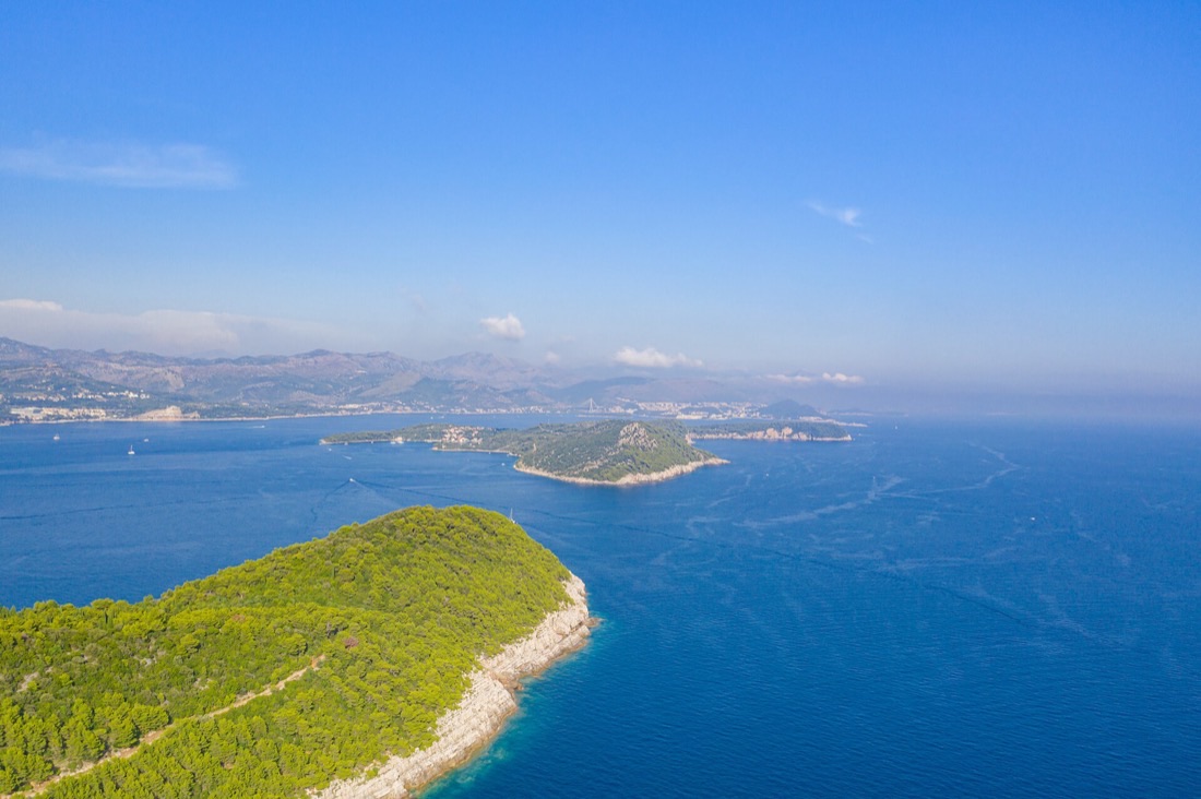 Aerial view of the green Elaphiti islands and turquoise channels